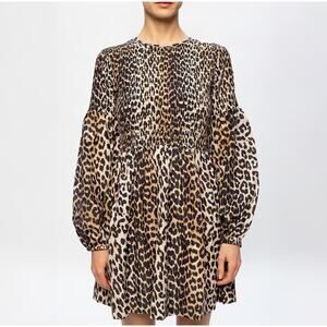 Ganni Leopard Smocked Mini Silk Cotton Long Sleeve Animal Print Dress Size 12 42